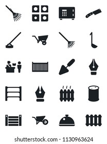 Set of vector isolated black icon - passport control vector, safe, trowel, rake, wheelbarrow, hoe, cargo container, oil barrel, rack, application, ink pen, heater, dish, ladle, knife, radiator