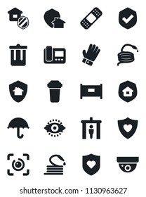 Set of vector isolated black icon - fence vector, security gate, trash bin, glove, hose, patch, heart shield, umbrella, eye id, estate insurance, intercome, water filter, home protect, surveillance