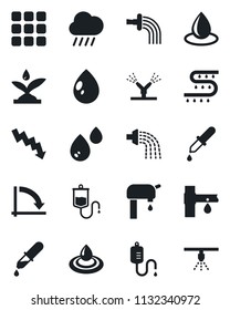 Set of vector isolated black icon - crisis graph vector, watering, water drop, rain, drip irrigation, dropper, menu, supply, sprinkler