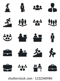 Set of vector isolated black icon - manager vector, pedestal, team, place, client, case, company, desk, career ladder, group