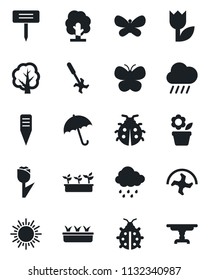Set of vector isolated black icon - umbrella vector, sun, flower in pot, ripper, tree, butterfly, lady bug, seedling, rain, plant label, tulip, table