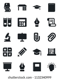Set of vector isolated black icon - book vector, calculator, graduate, abacus, desk, notepad, pencil, contract, microscope, copybook, presentation board, paper clip, ink pen, shining head
