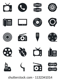 Set of vector isolated black icon - phone vector, stamp, sickle, plant label, reel, vinyl, flame disk, radio, tv, office, open close