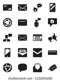 Set of vector isolated black icon - mobile phone vector, speaking man, mail, loudspeaker, network, cell, speaker, message, reserved, home, schedule