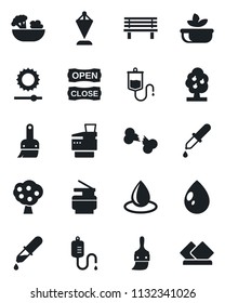 Set of vector isolated black icon - pennant vector, water drop, bench, dropper, broken bone, themes, brightness, copier, fruit tree, salad, open close, serviette