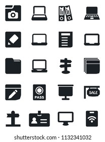 Set of vector isolated black icon - passport vector, identity, office binder, notebook pc, document, signpost, monitor, laptop, folder, notes, photo gallery, presentation board, blank box, sale