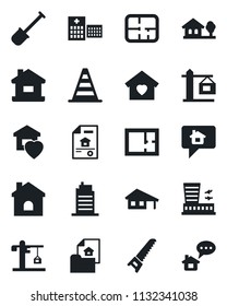 Set of vector isolated black icon - border cone vector, airport building, shovel, saw, house, hospital, with garage, tree, plan, estate document, sweet home, city, crane, message