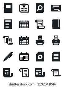 Set of vector isolated black icon - contract vector, document search, pen, notepad, calendar, printer, medical, news, copybook, schedule