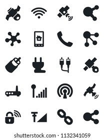 Set of vector isolated black icon - satellite vector, share, chain, rca, call, cellular signal, wireless, power plug, lock, router, home control app, social media