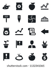 Set of vector isolated black icon - left arrow vector, contract, seedling, plant label, greenhouse, pond, fertilizer, important flag, application, point graph, estate agent, apple fruit, money bag