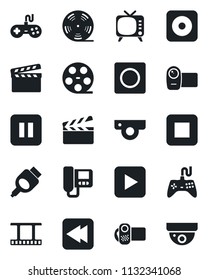 Set of vector isolated black icon - clapboard vector, film frame, reel, tv, gamepad, video camera, play button, pause, stop, rewind, rec, hdmi, record, web, intercome, surveillance