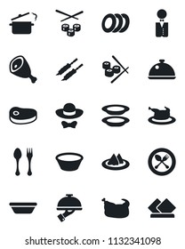 Set of vector isolated black icon - spoon and fork vector, waiter, dish, serviette, plates, dress code, chicken, steak, kebab, ham, bowl, steaming pan, sushi