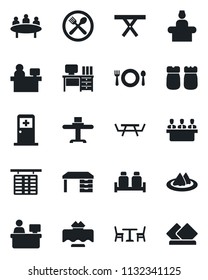 Set of vector isolated black icon - cafe vector, reception, flight table, medical room, desk, meeting, manager place, picnic, restaurant, serviette, salt and pepper