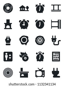 Set of vector isolated black icon - elevator vector, alarm clock, abacus, stamp, fireplace, film frame, vinyl, flame disk, ink pen, house with tree, tv, power plug