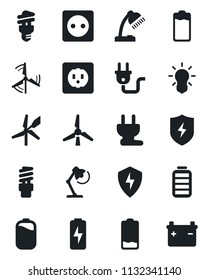 Set of vector isolated black icon - battery vector, low, protect, charge, desk lamp, windmill, socket, power plug, bulb, energy saving