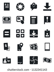 Set of vector isolated black icon - identity card vector, document, important flag, cash, mobile tracking, cell phone, camera, download, application, restaurant receipt, home control app