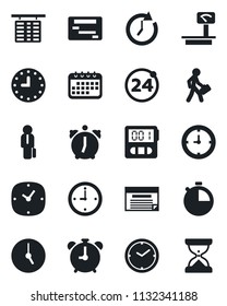 Set of vector isolated black icon - 24 around vector, alarm clock, flight table, heavy scales, stopwatch, manager, calendar, schedule, sand