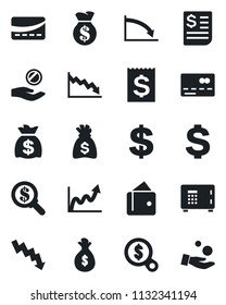 Set of vector isolated black icon - credit card vector, safe, dollar sign, money bag, crisis graph, receipt, wallet, growth, search, investment