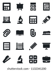 Set of vector isolated black icon - book vector, calculator, abacus, presentation board, microscope, paper clip, pencil, stapler, case