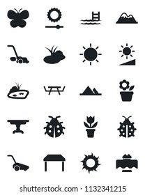 Set of vector isolated black icon - flower in pot vector, lawn mower, butterfly, lady bug, sun, pond, picnic table, brightness, pool, mountains, restaurant