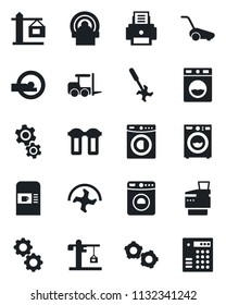 Set of vector isolated black icon - coffee machine vector, washer, fork loader, gear, ripper, lawn mower, tomography, printer, copier, crane, water filter, combination lock