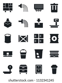 Set of vector isolated black icon - trash bin vector, checkroom, bucket, watering, railroad, truck trailer, container, consolidated cargo, package, oil barrel, heavy scales, archive box