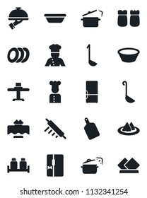 Set of vector isolated black icon - fridge vector, cook, restaurant table, serviette, plates, waiter, salt and pepper, ladle, bowl, rolling pin, cutting board, steaming pan