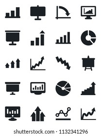 Set of vector isolated black icon - growth statistic vector, presentation board, crisis graph, monitor, circle chart, statistics, bar, pie, point, arrow up