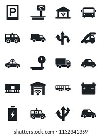 Set of vector isolated black icon - airport bus vector, parking, alarm car, ladder, ambulance, route, delivery, heavy scales, railroad, garage gate control, battery