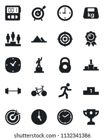 Set of vector isolated black icon - pedestal vector, medal, barbell, bike, run, heavy, clock, stopwatch, target, mountains, award cup