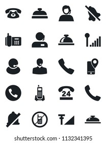 Set of vector isolated black icon - phone vector, no mobile, reception bell, office, 24 hours, support, tracking, call, mute, cellular signal