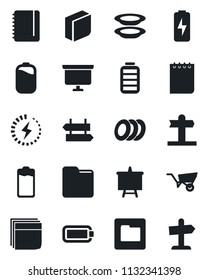 Set of vector isolated black icon - signpost vector, notepad, presentation board, wheelbarrow, battery, folder, charge, blank box, plates, guidepost