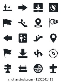 Set of vector isolated black icon - elevator vector, escalator, signpost, right arrow, left, wind, radar, route, pin, download, place tag, compass, flag, guidepost