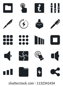 Set of vector isolated black icon - package vector, sorting, settings, touch screen, stop button, menu, folder, charge, application, pen, sound, information, social media