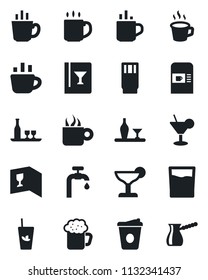Set of vector isolated black icon - hot cup vector, coffee machine, water supply, alcohol, wine card, drink, cocktail, phyto bar, beer, turkish