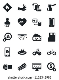 Set of vector isolated black icon - mobile phone vector, contract, heart pulse, monitor, blood pressure, bike, flammable, gamepad, video camera, sd, stamp, serviette, bacon, turkish coffee, cheese
