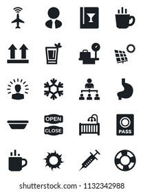 Set of vector isolated black icon - plane radar vector, hot cup, passport, luggage scales, hierarchy, sun, syringe, stomach, up side sign, panel, estate agent, children room, wine card, phyto bar