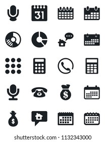 Set of vector isolated black icon - calendar vector, circle chart, microphone, menu, calculator, phone, home message, money bag