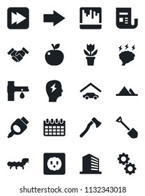 Set of vector isolated black icon - right arrow vector, office building, brainstorm, calendar, job, flower in pot, axe, caterpillar, drip irrigation, news, fast forward, hdmi, scanner, handshake