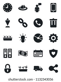 Set of vector isolated black icon - phone vector, trash bin, mobile, speaking man, gear, pennant, office binder, seedling, heart shield, car delivery, clock, term, chain, lock, pie graph, serviette