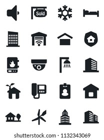 Set of vector isolated black icon - bed vector, office building, warehouse storage, house with tree, sold signboard, smart home, city, estate insurance, eco, water heater, snowflake, intercome