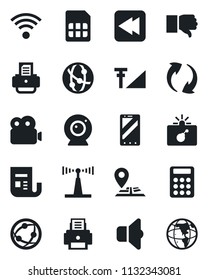 Set of vector isolated black icon - bomb in case vector, mobile phone, printer, navigation, antenna, news, network, finger down, rewind, update, sim, video, cellular signal, calculator, wireless