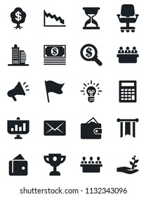 Set of vector isolated black icon - meeting vector, office building, wallet, pennon, crisis, chair, money search, idea, flag, cash, calculator, mail, advertising, award cup, presentation, tree