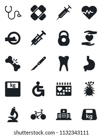 Set of vector isolated black icon - heart pulse vector, stethoscope, syringe, microscope, scales, scalpel, patch, tomography, bike, disabled, hand, stomach, tooth, broken bone, medical calendar