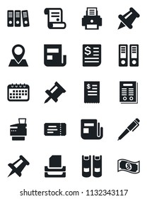 Set of vector isolated black icon - ticket vector, book, office binder, drawing pin, contract, receipt, news, paper, printer, tray, copier, pen, restaurant, calendar, cash
