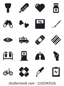 Set of vector isolated black icon - medical room vector, heart, blood test vial, dropper, thermometer, scales, pills, bottle, blister, scalpel, patch, ambulance car, bike, lungs, implant, eye, joint