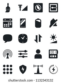Set of vector isolated black icon - antenna vector, mobile, menu, message, protect, tuning, themes, user, clock, stopwatch, scanner, calendar, data exchange, mute, brightness, compass, battery