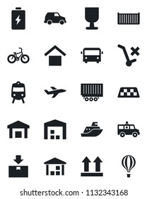 Set of vector isolated black icon - taxi vector, airport bus, train, ambulance car, bike, plane, sea shipping, truck trailer, cargo container, fragile, warehouse storage, up side sign, no trolley