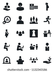 Set of vector isolated black icon - passport control vector, female, reception, pedestal, run, hospital, patient, pregnancy, client, group, user, manager desk, waiter, consumer search, palm sproute