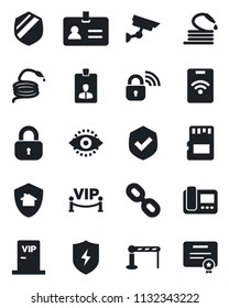 Set of vector isolated black icon - barrier vector, identity, card, hose, shield, chain, protect, sd, eye id, lock, vip zone, wireless, intercome, home, pass, surveillance, certificate